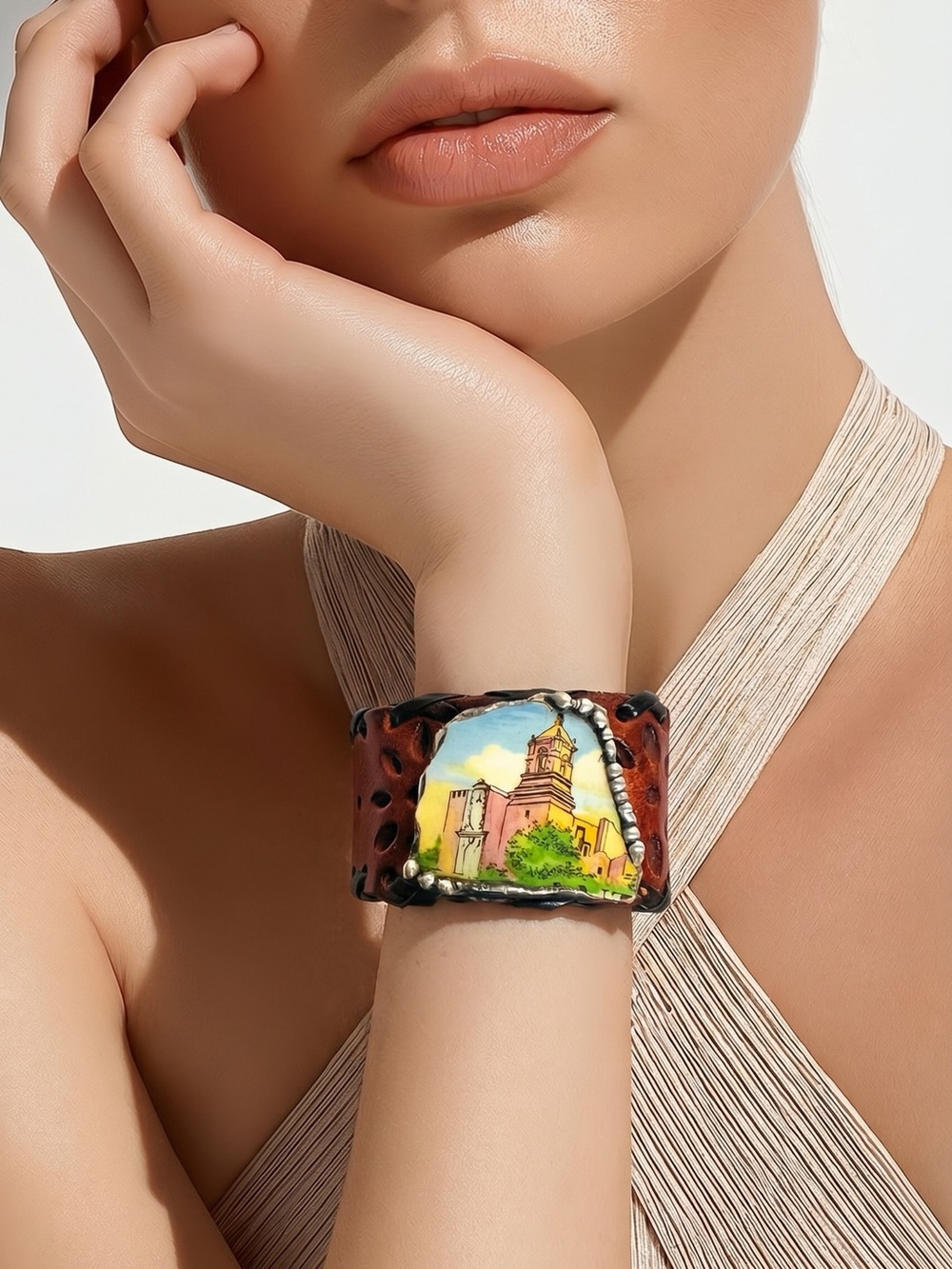 San Antonio Misión Church Broken China W Silver-Blend Cabochon  & Leather Cuff